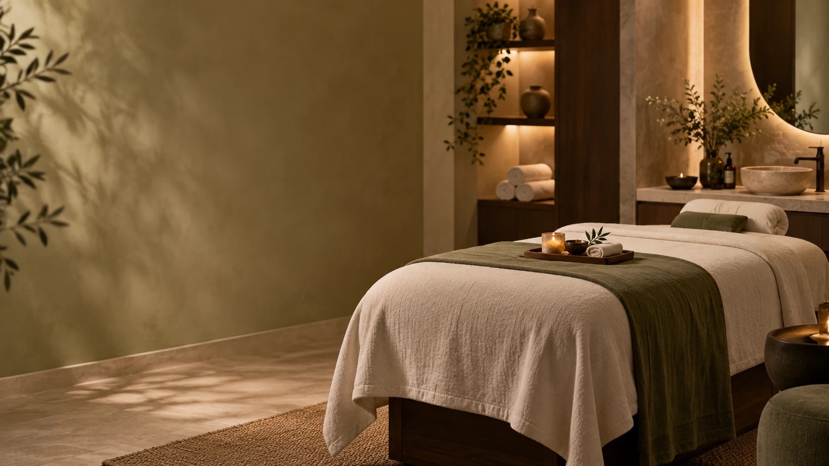 Treatment room detail with candle, folded towel and botanical accent