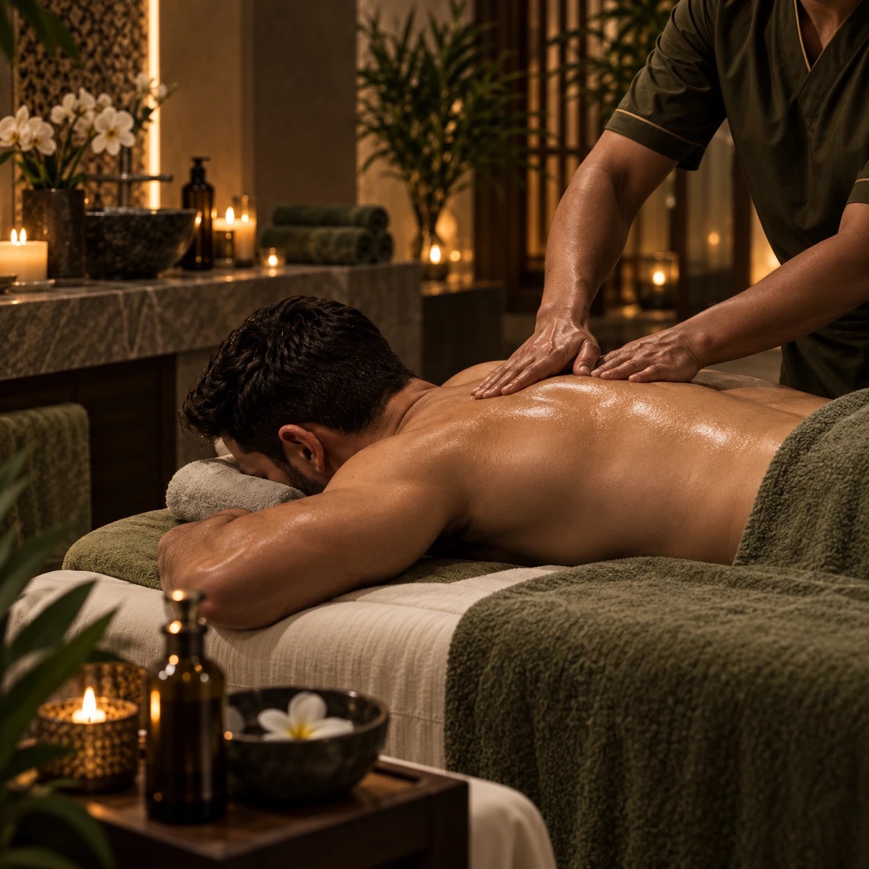 Therapist performing a back treatment in a candlelit Pearl Island Spa treatment room