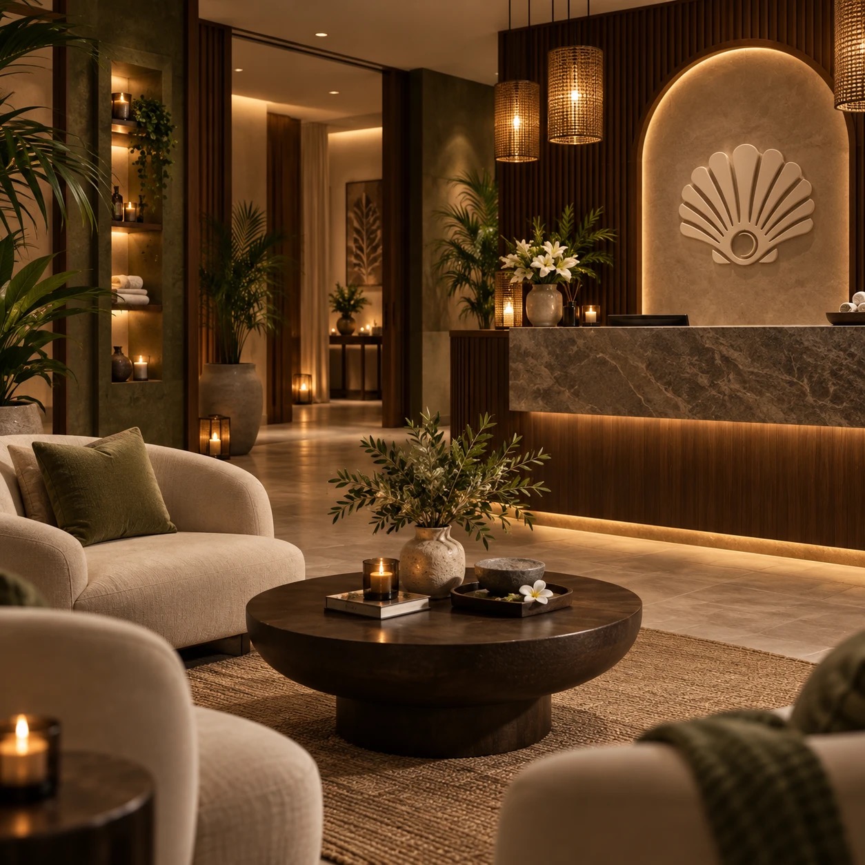Reception area with soft lighting and neatly arranged spa essentials
