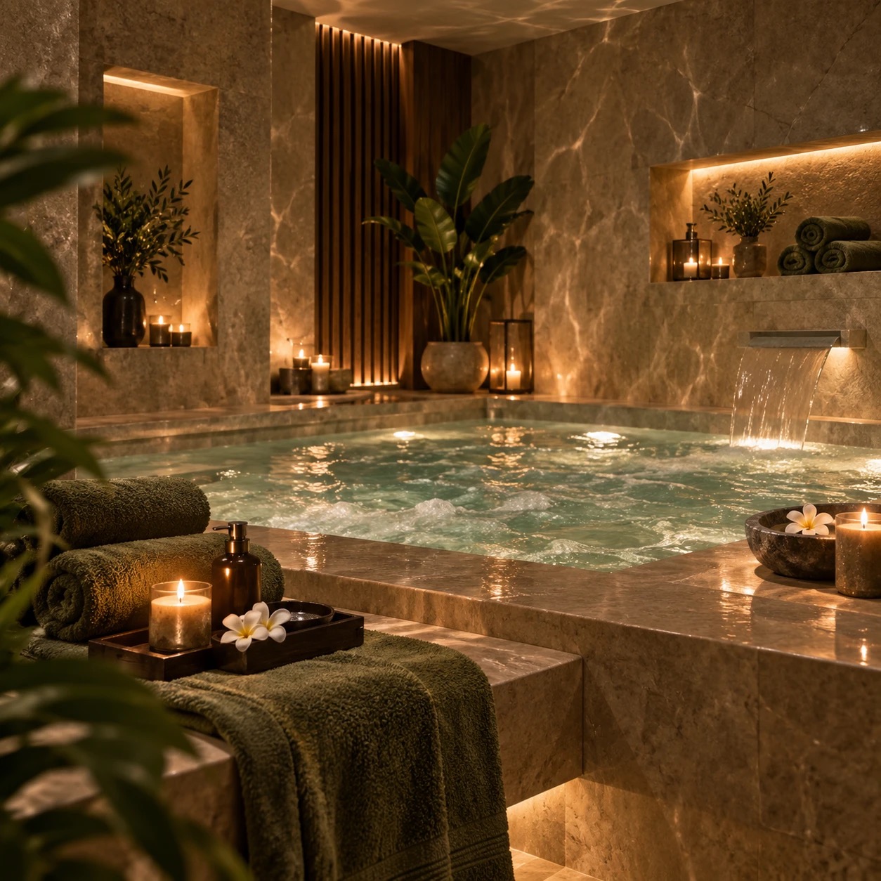 Candlelit jacuzzi with rolled olive-green towels at Pearl Island Spa & Massage