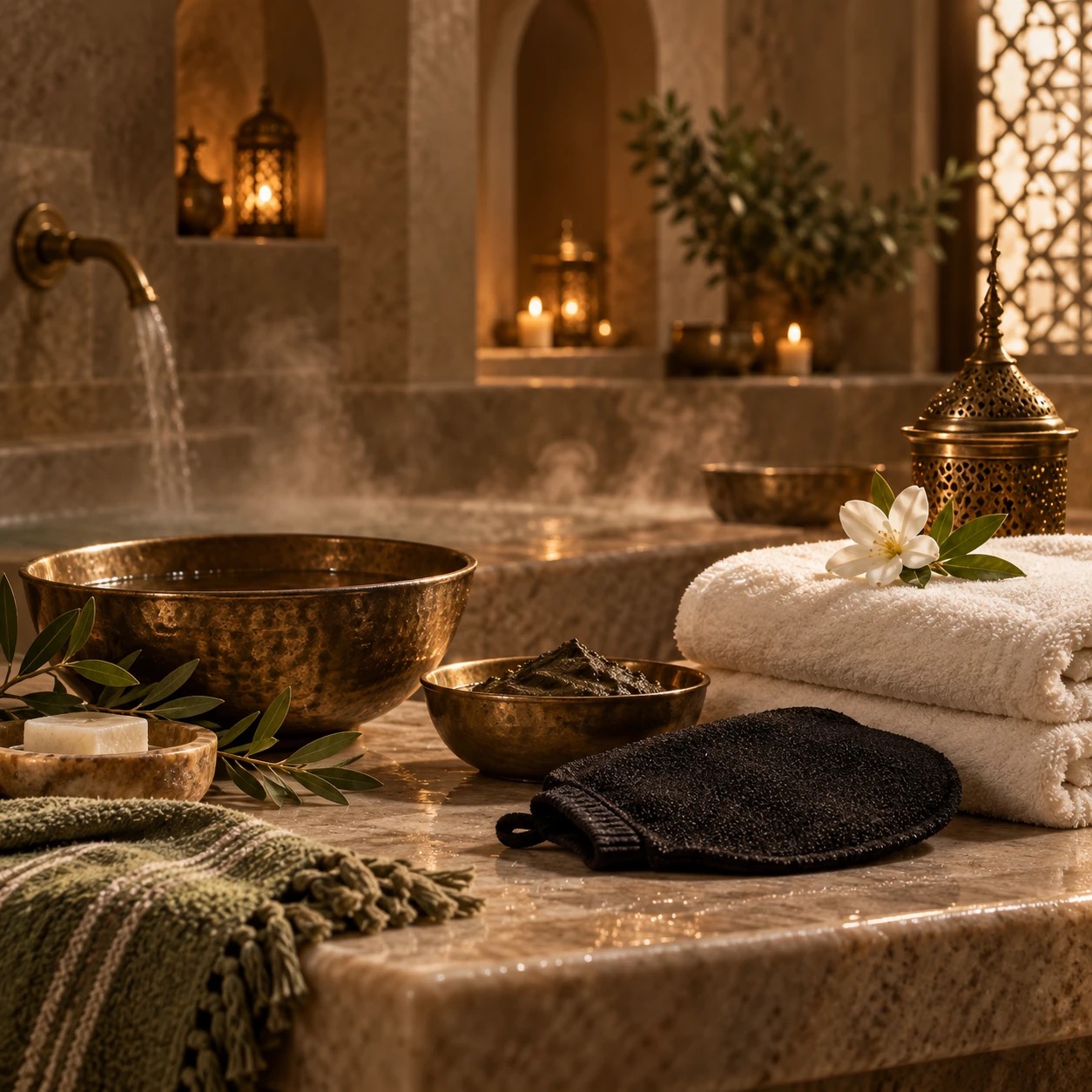 Brass bowls, black exfoliating mitt and folded towels prepared for a Moroccan Bath ritual