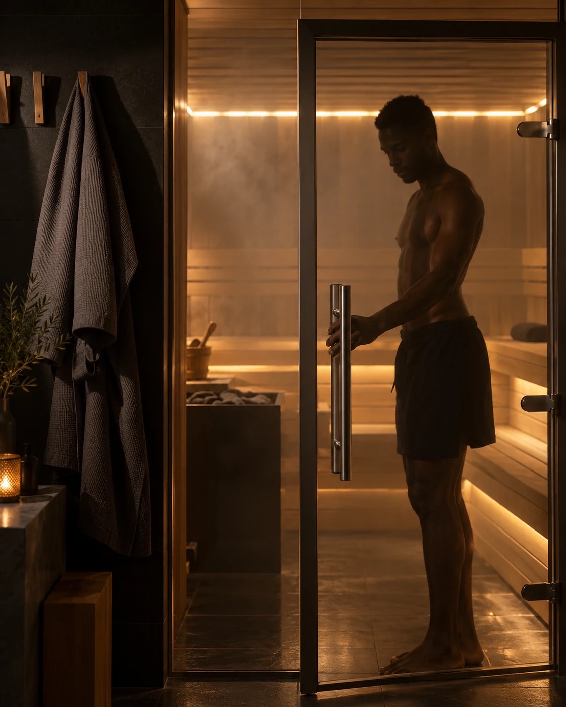 Warm wooden sauna interior with soft ambient light